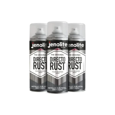 Immagine di JENOLITE Directorust Vernice spray lucida metallizzata GRIGIO CANNA DI FUCILE multisuperficie Primer, fondo e finitura all in one 3 x 400 ml