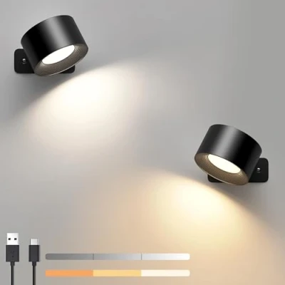 Immagine di Mexllex lampada da parete per interni, con ricarica USB a batteria, 3 colori e livelli di luminosità Luce 360 rotante Touch Control Luci senza fili