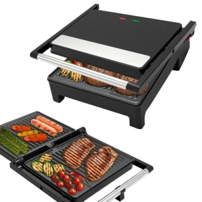 Immagine di Chef O Matic piastra elettrica per cucinare Multigrill, bistecchiera antiaderente, Griglia multifunzione panini maker da 2000W con 2 piani di cottura 33.5 * 33.5cm.
