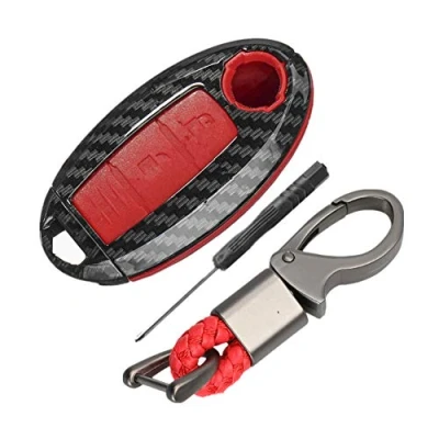 Immagine di Happyit Custodia in fibra di carbonio + silicone per chiavi dell&#039;auto a 3 pulsanti, con anello portachiavi Rosso