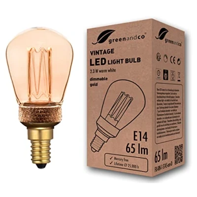 Immagine di greenandco® lampadina a LED dimmerabile di design vintage in stile retrò E14 ST45 2,3W 65lm 1800K 320 230V, ambra, nessun sfarfallio