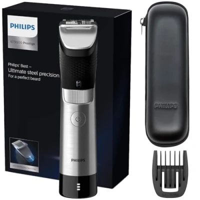 Immagine di Philips Regolabarba con 30 impostazioni di lunghezza, sensore potenza che si adatta alla densità della barba, Lame precisione in acciaio e resistenti all&#039;acqua, nero/argento (modello BT9810/15)