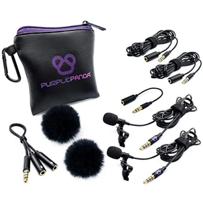 Immagine di Purple Panda Dual Interview Kit microfono lavalier da bavero (2 pezzi) per podcast, professionale omnidirezionale con clip, compatibile iPhone, Android, fotocamera DSLR, Samsung, Zoom,