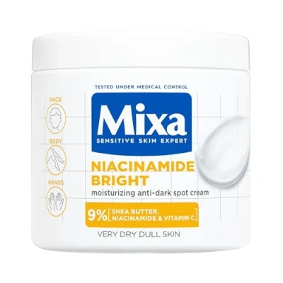Immagine di Mixa Crema Idratante Anti Macchie, per Pelle Secca e Spenta, Idratata 48H, Incarnato Luminoso Uniforme, Con il 9% di Niacinamide, Vitamina C Burro Karité, Niacinamide Bright, 400 ml
