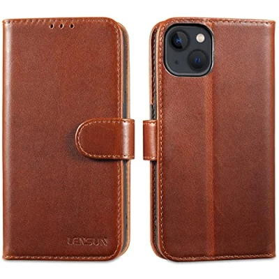 Immagine di Lensun Cover per iPhone 13, Custodia in Vera Pelle [RFID Blocking] Antiurto Portafoglio Chiusura Magnetico Flip Custodie Cuoio Telefono 13 Marrone Scuro