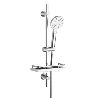 Immagine di Görbach Colonna Doccia Acciaio Inox Senza Miscelatore Fori Muro Regolabili, Asta per 70 cm con Soffione, Tubo Flessibile, Supporto Doccetta e Portasapone Mensola bagno, Rotondo, Cromato