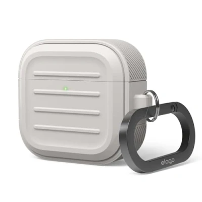 Immagine di elago Armor Custodia Compatibile con la AirPods 4 4, Moschettone Incluso, Supporta Ricarica Wireless, Protezione Totale (Pietra)
