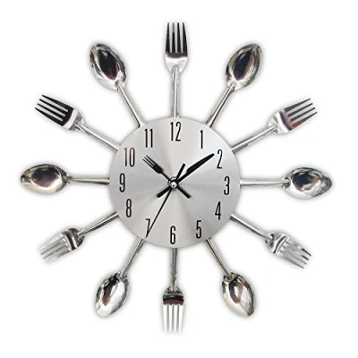 Immagine di TimeLike Orologio adesivo 3D da cucina, effetto specchiato, con motivo forchette e cucchiai, rimovibile, arredamento 32*32*4CM argento