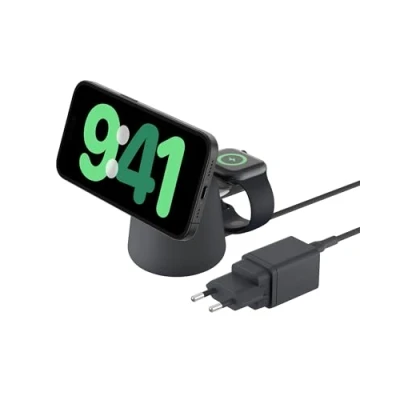 Immagine di Belkin BoostCharge Pro Dock di ricarica wireless 2 in 1 con MagSafe 15 W, caricabatteria rapido per iPhone, stand compatibile iPhone 15, 14, 13 e 12, AirPods altri dispositivi