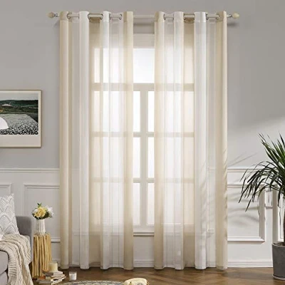 Immagine di MIULEE Tende a Righe per Interni, Trasparenti in Voile Camera da Letto, Tenda Salotto Moderne con Anelli, Pannello Interno Finestra Bianche e Beige, 2X 140x225 CM