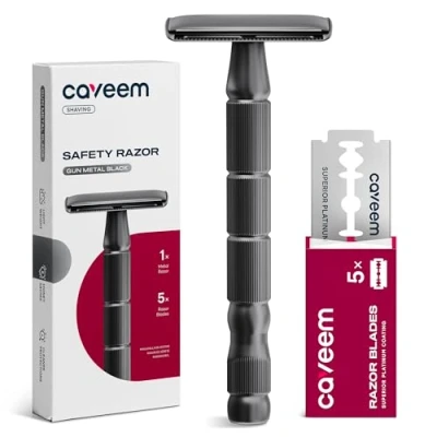 Immagine di CAVEEM Double Edge Safety Razor, rasoi a lama singola con 5 lamette di sicurezza in acciaio inossidabile per uomo e donna, rasoio metallo riutilizzabile Nero canna fucile
