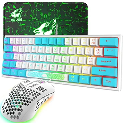 Immagine di K61 UK Layout 60% Tastiera da gioco Set 62 tasti 7 RGB LED retroilluminato 19 Anti ghosting + 2400 DPI Wired mouse ultraleggero Scocca a nido d&#039;ape Tappetino per Bianco misto