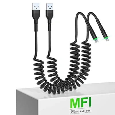Immagine di KETAKY Plus Cavo Lightning a Spirale 2 confezioni, [certificato MFi e compatibile con CarPlay], iPhone Retrattile trasmissione dati LED, Corto per iPhone/Pad/Pod