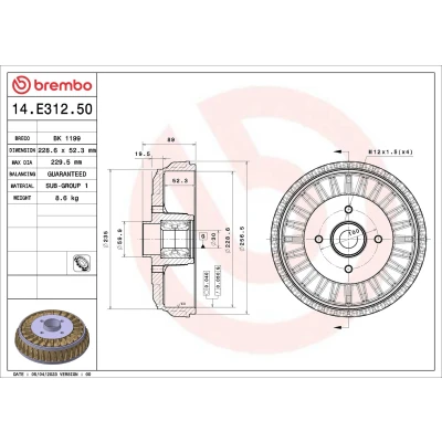 Immagine di BREMBO 14.E312.50 Freni a Tamburo con kit cuscinetto ruota 228,6 CITROËN: C3 II, DS3 Hatchback, PEUGEOT: 208 I 207 Hatchback