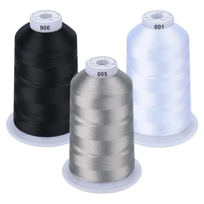 Immagine di Simthread Set di bobine da ricamo a macchina, 5000 m, in poliestere, colori classici, bianco, nero e grigio, per macchina Babylock, Janome, Kenmore, Singer, W6 N