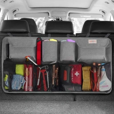 Immagine di SURDOCA Organizer Auto Portaoggetti [7 Volte Aggiornamento] Super capacità Borsa Auto, Equipe with [Robusta Tete Elastica &amp; 4 Stick Magico] Tasca Auto,Grigio