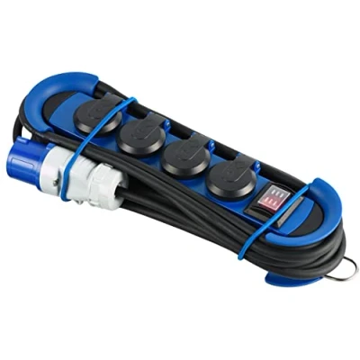 Immagine di Electraline 62576 Multipresa Outdoor con Spina CEE, 4 Prese Schuko tappo IP44, appendibile 2 ganci+elastici fermacavo, Cavo in gomma 3M, H07RN F 3G1.5, campeggio, caravan, blu/nero