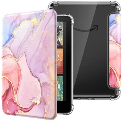 Immagine di MoKo Custodia Compatibile con Kindle Paperwhite da 7 Pollici 12a Generazione 2024, Cover Leggera per eBook Reader in TPU Morbido Auto Sveglia/Sonno, Marmorizzato Rosa Chiaro