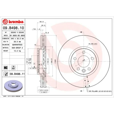 Immagine di BREMBO 09.B498.11 Disco freno 340 32,5 5 ventilazione interna rivestito ad alto tenore di carbonio VOLKSWAGEN: Transporter Bus, Multivan (7HM