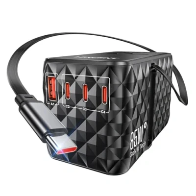 Immagine di LENCENT 85W Adattatore Universale da Viaggio con Cavo USB C Retrattile, GaN Presa Internazionale 1 a e 3 Ricarica Rapida, Spina Mondiale per IT EU UK USA AUS, Tipo C/G/A/I