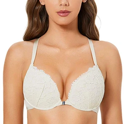 Immagine di DOBREVA Donna Reggiseno Push Up Apertura Frontale Pizzo con Ferretto Imbottito Scollatura Profonda Avorio 5E