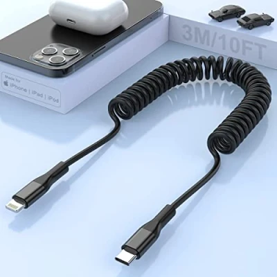 Immagine di Cavo Lightning a Spirale [Certificato MFi Compatibile CarPlay], USBC da 10 piedi per Trasmissione Con iPhone 14/13/12/11/8/7 /Pad Pro Air 2 e altro
