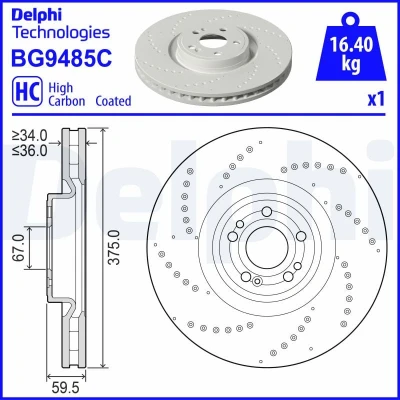Immagine di DELPHI BG9485C Disco freno 375 36 5 ventilato, forato rivestito ad alto tenore di carbonio senza cuscinetto ruota, anello sensore ABS