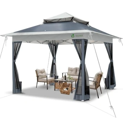 Immagine di VOUNOT Gazebo da Giardino Esterno 3.6x3.6m Pieghevole con Parti Laterali in Rete, Sistema di Clic Pop up Anti UV, Tenda Padiglione Struttura Acciaio Tetto Doppio, per Giardino, Terrazza, Grigio