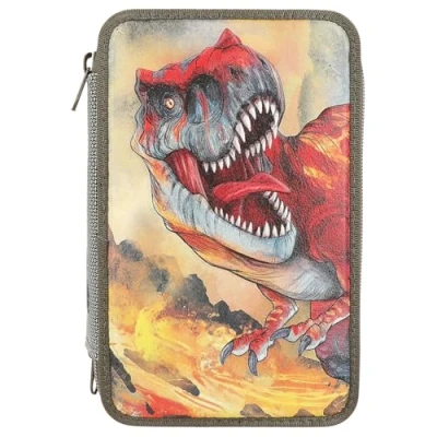 Immagine di Depesche 13135 Dino World Astuccio a 3 Scomparti in Verde Oliva, Motivo con Effetto 3D, matite Colorate, Righello, Forbici e Molto Altro, Multicolore
