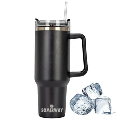 Immagine di azza da Viaggio 1182 ml con Manico e Cannuccia, Tazza caffè in Acciaio Inossidabile Coperchio per Gli spostamenti, Thermos a Prova di perdite Caldo Freddo, Nero