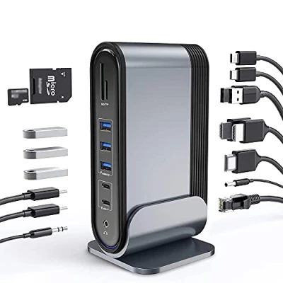 Immagine di Braveking1 Adattatore Hub USB C 17 in 1 Dock 4K Triple Display Docking Station con 3 HDMI, Ethernet, 5 Porte USB, 100W PD, Lettore di Schede SD/TF, Audio, Alimentatore CC per Windows, PC, Mac