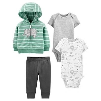 Immagine di Simple Joys by Carter&#039;s 4 Piece Jacket, Pant, And Bodysuit Set Layette, Bianco Animali della Foresta/Grigio/Grigio Scuro/Verde Menta Elefante, 0 Mesi Bimbo