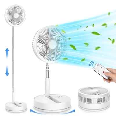 Immagine di Ventilatore Pieghevole a Oscillante con Telecomando, 9&quot; Bianco da Pavimento/Tavolo, 7200mAh USB Ricaricabile, 4 Velocità, Timer, Silenzioso per Camera Letto Ufficio Viaggio Scrivania
