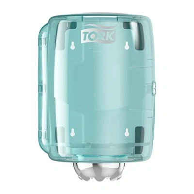 Immagine di Tork 659000 Dispenser per asciugamani ad estrazione centrale grande Performance, sistema M2, 35,6 cm x 24,8 23,2 (altez. largh. profond.), colore bianco e turchese
