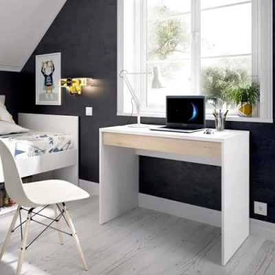 Immagine di Dmora Scrivania Forato, Scrittoio ufficio salvaspazio multiuso, Tavolo da studio lineare con 1 cassetto, 90x50h74 cm, Bianco e Rovere