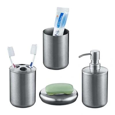 Immagine di Relaxdays 4 Accessori Set Bagno Acciaio Inox Spazzolato, Porta Spazzolino e Dentifricio, Sapone Saponetta, Argento