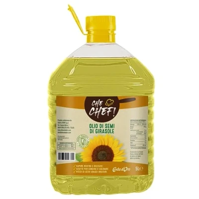 Immagine di Costa d’Oro che Chef Girasole Linoleico 5L. Ottenuto dalla spremitura di semi Linoleico, è un olio rimane neutro e delicato in tutte le sue tipologie uso. Bottiglia PET