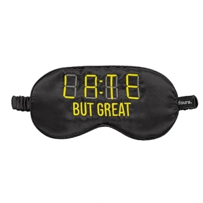 Immagine di Fisura Mascherina per dormire &quot;late but great&quot;. morbida. occhi originale nera. Maschera da notte ultra morbida con fascia elastica. 20 x 10 cm.