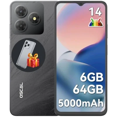 Immagine di OSCAL Flat 2C Smartphone Android 14, 6GB+64GB/2TB TF, Octa Core, 6.56&quot; HD+ Telefono Cellulare, 5000mAh, 13MP+8MP, 4G Dual SIM Cellulari 3 Slot/Face ID/OTG/GPS/3.5mm Jack Nero