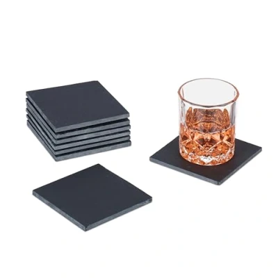 Immagine di Relaxdays Sottobicchieri in Ardesia, Set 8 Piattini Poggia Bicchieri da Bar, 10x10cm sotto Tazza e Bottiglia, Antracite, Gommapiuma, 0.7 x 10 cm
