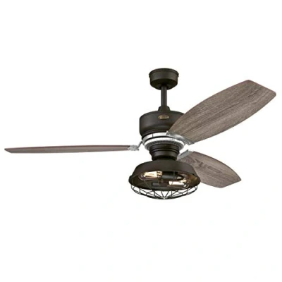 Immagine di Ventilatore da soffitto in bronzo anticato interni 137 cm Westinghouse Lighting Welford con luce e telecomando, fissaggio LED dimmerabile gabbia amovibile