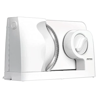 Immagine di MPM MKR 05 Affettatrice Elettrica Pieghevole, Affettapane, Spessore di Taglio Regolabile fino a 15 mm, Protezione per le Dita, Disco in Acciaio Inox 17 cm, 150W, Bianco
