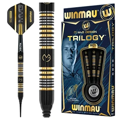 Immagine di WINMAU Michael Van Gerwyn MvG Trilogy Set di Freccette in tungsteno Softip Professionale da 20 Grammi con Alette e steli (Asta)