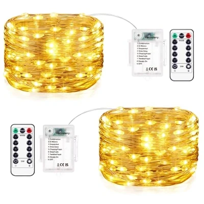 Immagine di Vacoulery Lucine LED Decorative a Batteria 2 Pezzi 12M 12 8 Modalità Luci con Timer e Telecomando per Camera Natale Interni Esterni(Bianco Caldo)