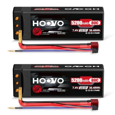 Immagine di HOOVO batteria 2S LiPo 7,4 V 80 C 5200 mAh RC rigida con spina Deans T per Auto Barca, Truck Truggy Hobby (2 confezioni)