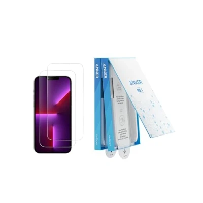 Immagine di Anker Confezione da 2 Pellicole protettiva di vetro temperato per iPhone 13 Pro Max/14 Plus, installazione facile e veloce, 8K Ultra HD, durezza 9H, resistente ai graffi agli urti.