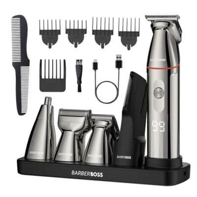 Immagine di BarberBoss Rifinitore per barba, Tagliacapelli uomo, Kit cura della barba 5 in 1 Set Rasoio di precisione, precisione naso, QR 6010