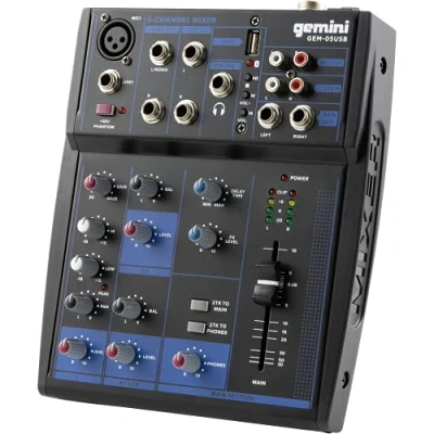 Immagine di Gemini Sound GEM 05USB Audio Mixer Analogico a 5 Canali Compact Channel Incluso un Canale MIC Basso Rumore, 2 Band EQ, Riproduzione USB da Dispositivi e Streaming Bluetooth