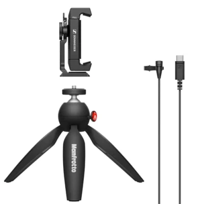 Immagine di Sennheiser XS Lav USB C, kit mobile di microfono lavalier omnidirezionale a clip con morsetto per smartphone e mini treppiede Manfrotto PIXI, 509259