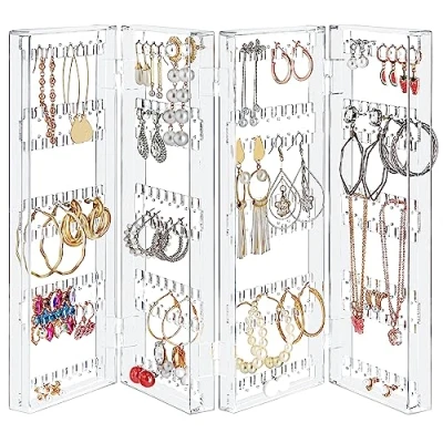 Immagine di Kurtzy Organizer Gioielli Pieghevole in Acrilico 5 Livelli e 4 Pannelli Porta Orecchini, Bracciali Collane Per 128 Paia di Orecchini Espositore Trasparente